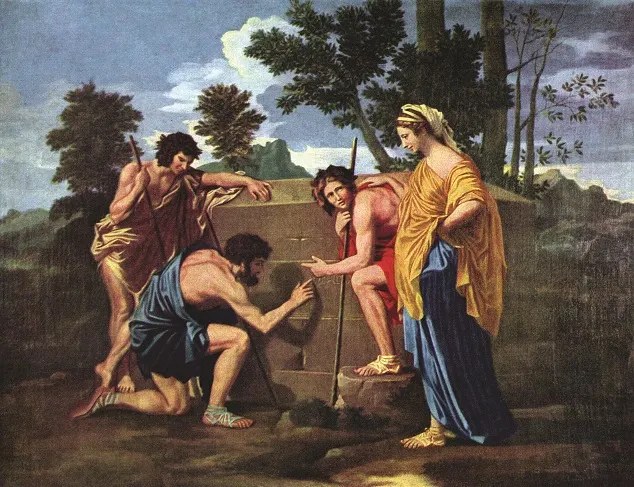 Nicolas Poussin's painting of shepherds gathered around a tomb, tracing an inscription with their fingers.
